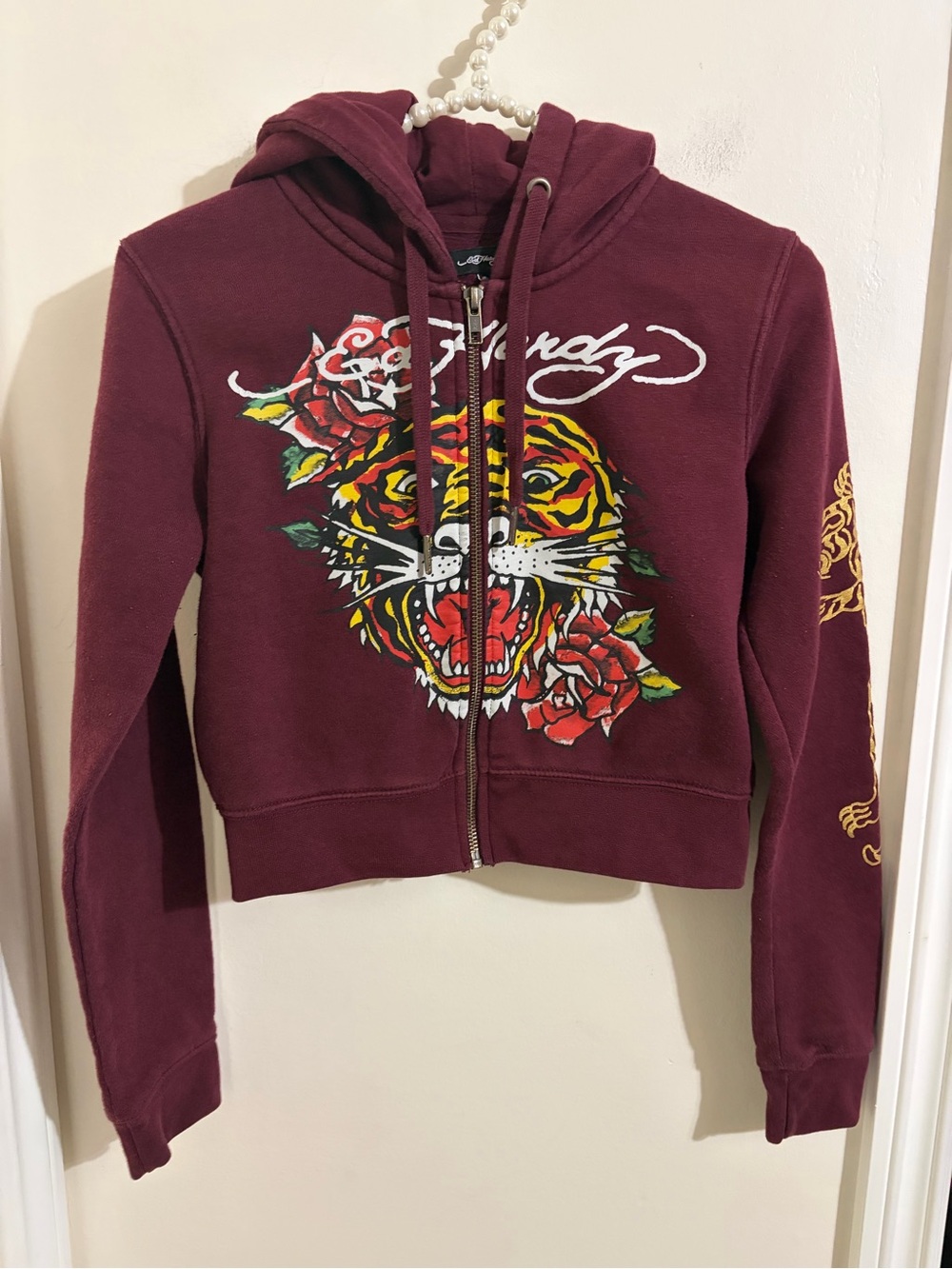 Ed Hardy Maroon Zip-Front Bomber Jacket with Tiger & Rose Graphic